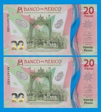 Mexico 2 x 20 Pesos P NEW 2021, 2 Notes SAME SERIAL NUMBER (4651480) UNC