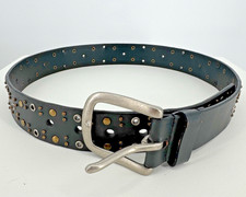 Black Leather Studded Grommet Belt Metal Buckle Genuine Leather 36"