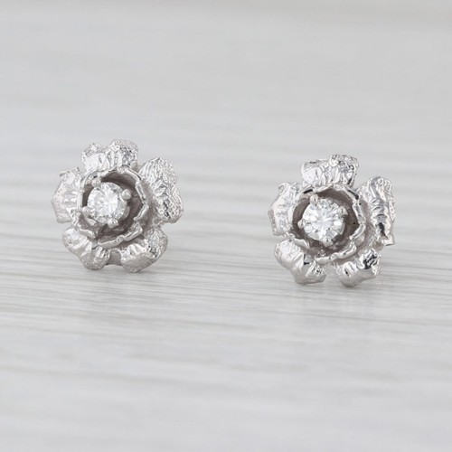 0.15ctw Diamond Flower Stud Earrings 14k White Gold Solitaire Floral Studs