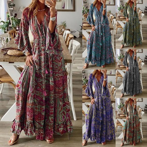 Femmes Boho Floral Col En V Maxi Robe Longue Dames Vacances Plage ...