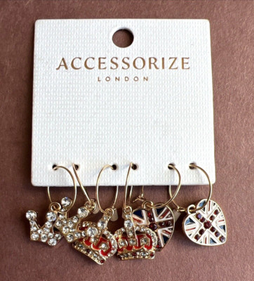 Accessorize London Three Pair Gold Tone Jewel Coronation Dangle Earrings NWT