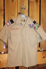 Boy Scouts Youth Shirt Medium Tan Vented Poly Microfiber Sewn on patches