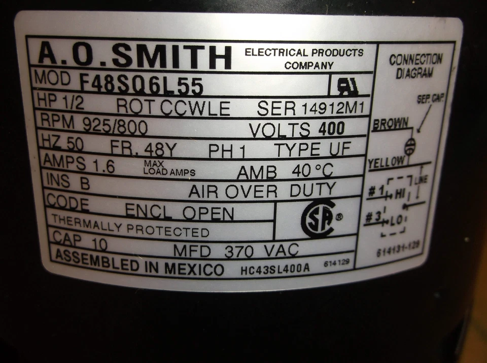 Двигатель воздуходувки с прямым приводом AO Smith HC43SL400A 1/2 л.с. 400/50/1, об/мин 925, 2 скорости - Изображение 2 из 4