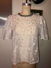 NEW TOPSHOP*FLORAL EMBROIDERED SHEER SHIRT TOP BLOUSE PUFF SLEEVE*4 S