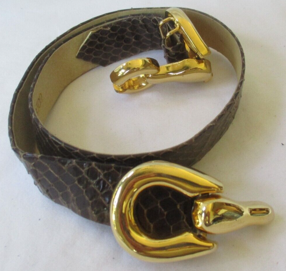 VINTAGE ACCESSOCRAFT NYC GOLD TONE LINK BELT BUCKLE & BROWN  display picture 1