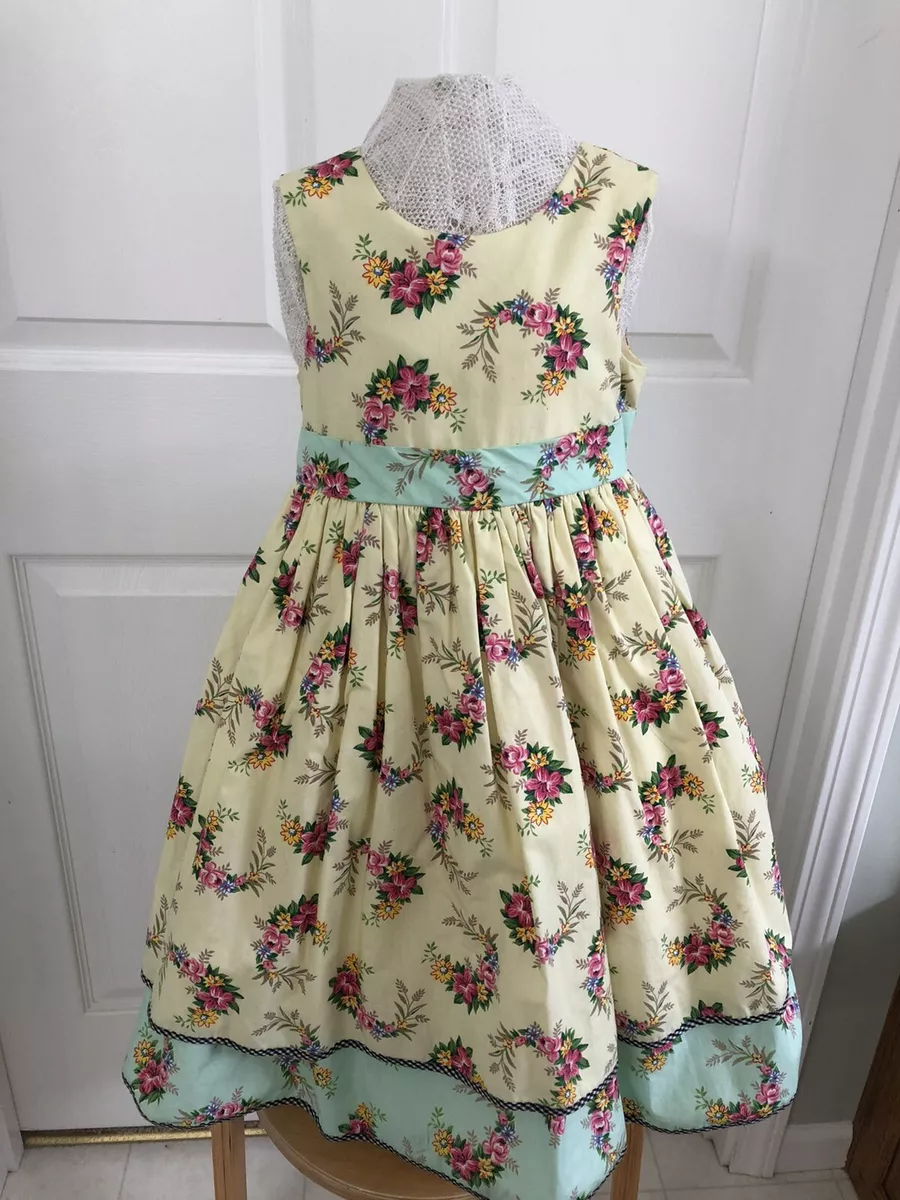 Laura Ashley London Dress Size 6 Yellow Mint Pink Floral 3 tier Button Bow Knee