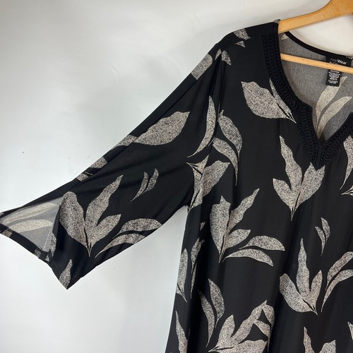 AnyWear by Catherines Womens Midi Dress Size 2X Black Leaf V-Neck Slit Sleeve - Picture 4 of 9