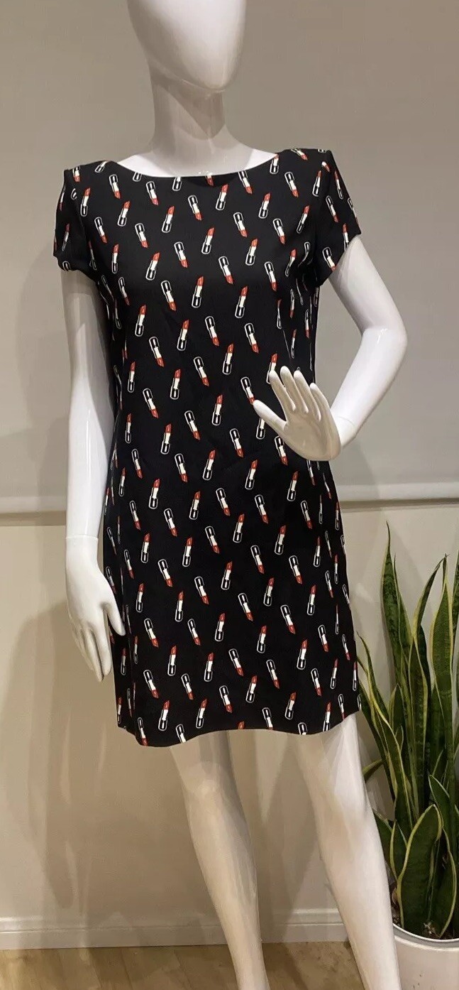 SAINT LAURENT Mini Abito Nero Stampa Rossetto Crêpe Hedi Slimane Tg 38 Francia