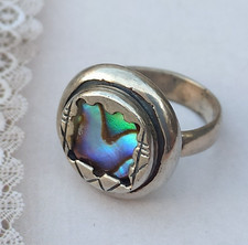Vintage Ring Sterling Silver 925 Israeli Artisan Blue Green Shell Round VTG 6.5