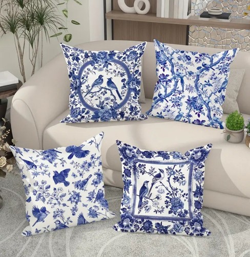 Chinoiserie Willow Bird Pillow Covers 18x18” of 4 Blue & White Soft Covers