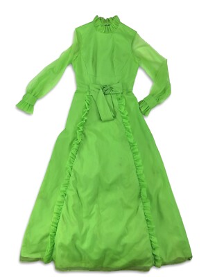 fitted lace wedding dress 1960s Midge Grant Lime Green Maxi Dress