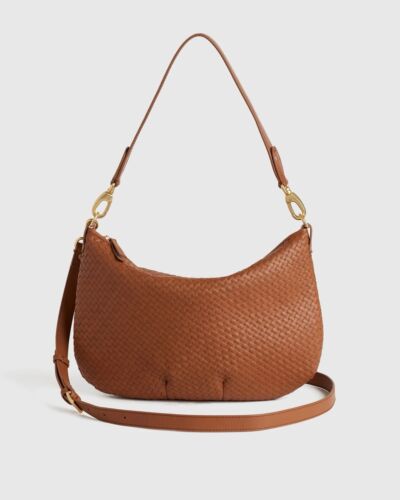 Quince Italian Leather Cognac Convertible Crescent Handwoven Bag 11x15x1”