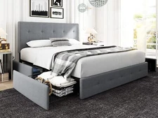 Platform Bed Frame with 4 Storage Drawers&Adjustable Headboard, Light/Dark Grey
