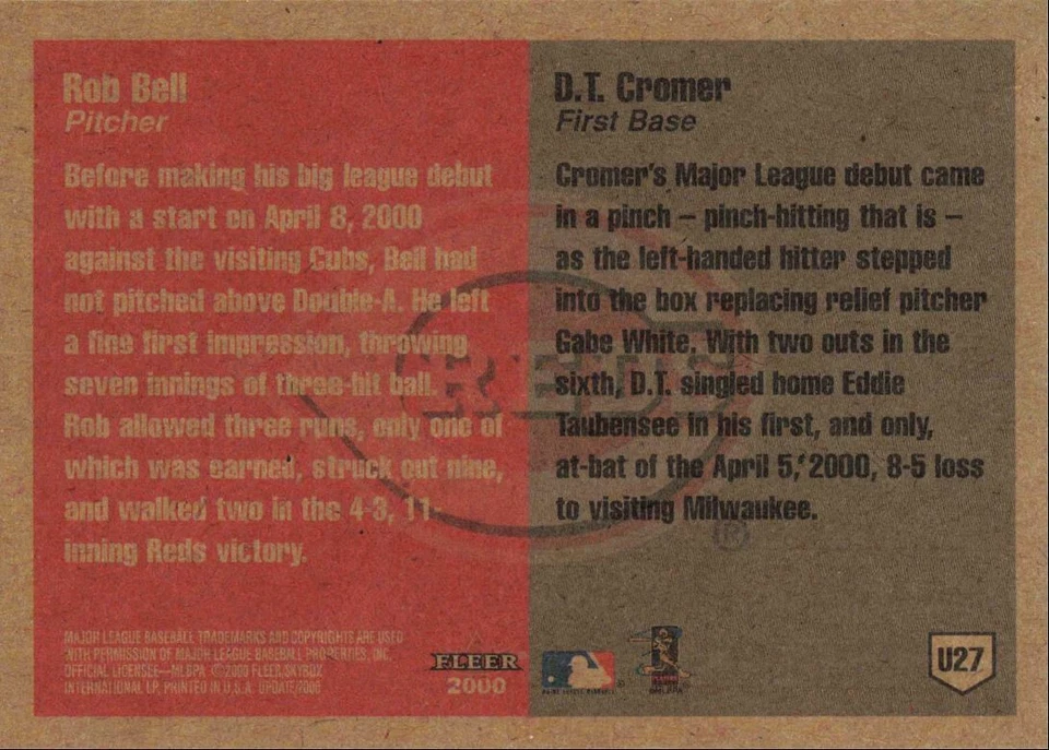 2000 Fleer Tradition Update Rob Bell D.T. Cromer Cincinnati Reds #U27 - Image 2 of 2
