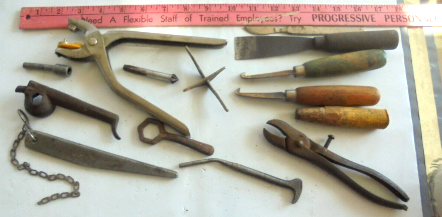 Vtg Cobbler Leather Shoe Saddle Maker Shop Tools Awls, Cutters, odd