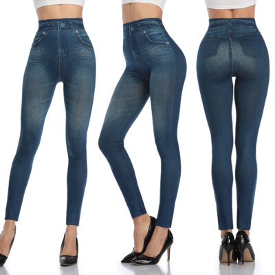 #ad Women Blue Faux Denim Jeans High Waist Skinny Jeggings Leggings Pencil Pants $16.79