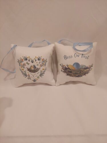 Bless Our Nest Ribbon Hanging Birds Heart Pillow Set Of 2 NWT White Blue Spring