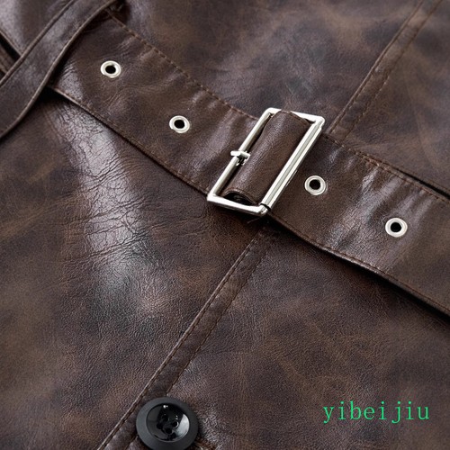 Men's Hip Length Mid Long Leather Coats Motorcycle Jackets Belt Clothes Vintage - Picture 3 of 21