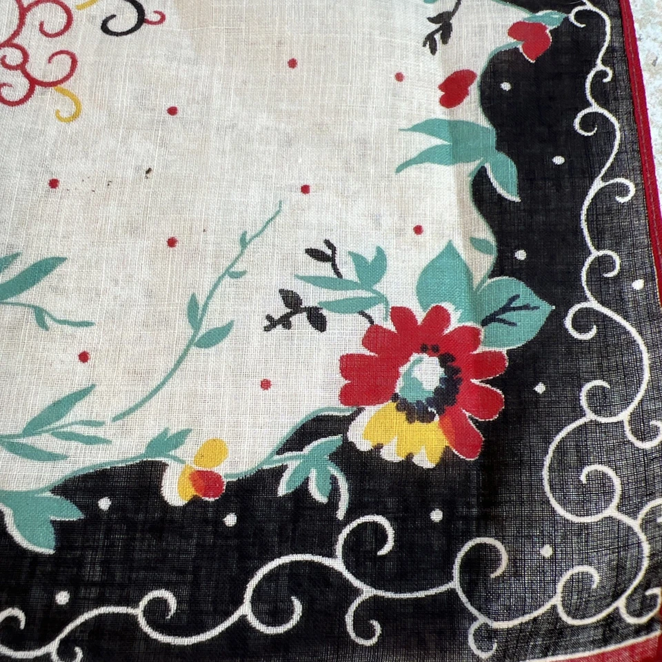 "Pañuelo floral Art Deco vintage para mujer pañuelo años 50 13"" punto de remolinos caprichosos" Foto 3 de 4