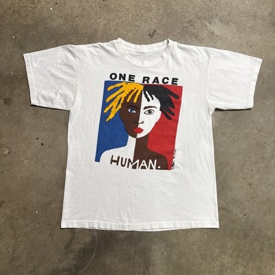 Vintage One Race Human Shirt Mens Large White 90s Art Black History Culture USA