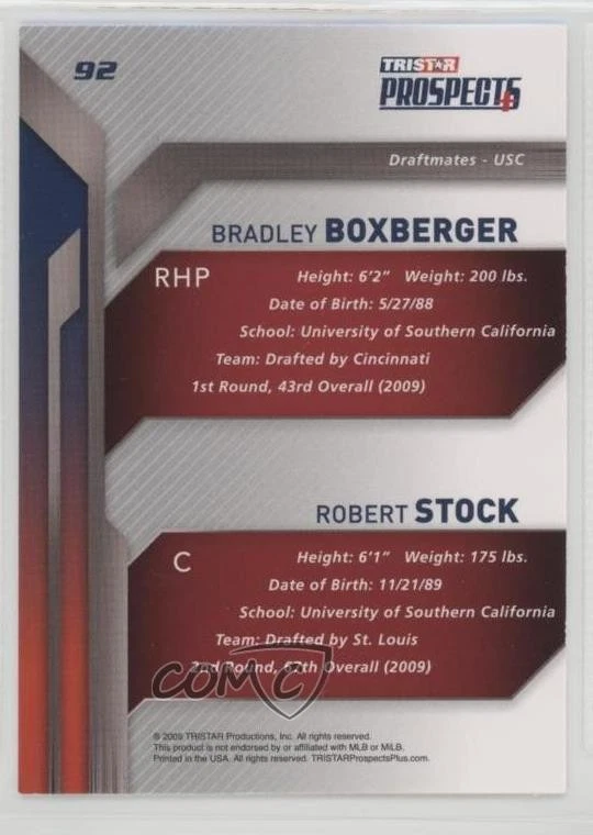 2009 TRISTAR Prospects Plus Draftmates Bradley Robert Stock Brad Boxberger #92 - Image 2 of 2