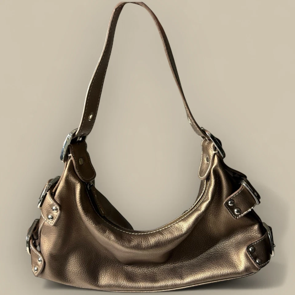 Vtg Bronze Mini Bag Purse Y2K 2000s Buckle Detail Shoulder Strap Metallic Hobo - Image 2 of 4