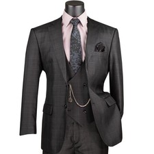 VINCI Men's Black Sharkskin Glen Plaid 3pc Classic Fit Suit w/ Flex Waist - NEW