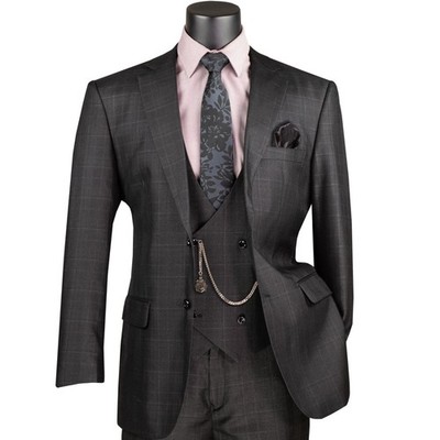 VINCI Men's Black Sharkskin Glen Plaid 3pc Classic Fit Suit w/ Flex Waist - NEW