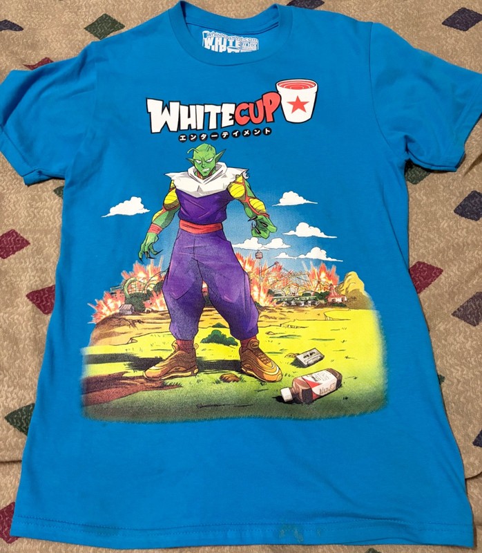 RARE WHITE CUP ENT DRAGONBALL Z PICCOLO SHIRT S DBZ SERIES FILM GOKU VEGETA