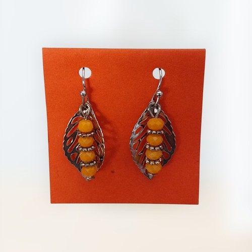 Handcrafted SILVERTONE LEAF WITH ORANGE BEADS Dangle Earrings HYPOALLERGENIC - Picture 24 of 24