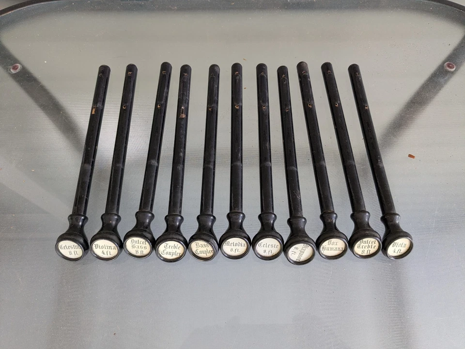 Fantastic Set Of 11 Angled Pump Organ Pulls Stops With Great Inserts Circa 1902 - Image 2 of 4