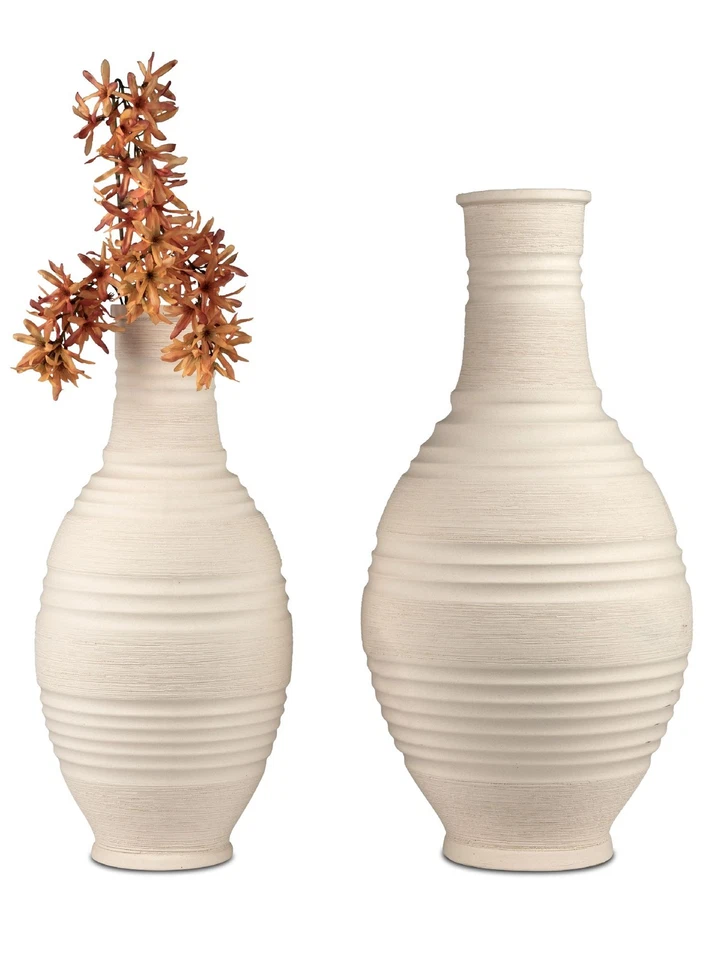 2er Set Bodenvasen RELIEF bauchig rund 45 + 55cm matt creme Keramik Formano W25