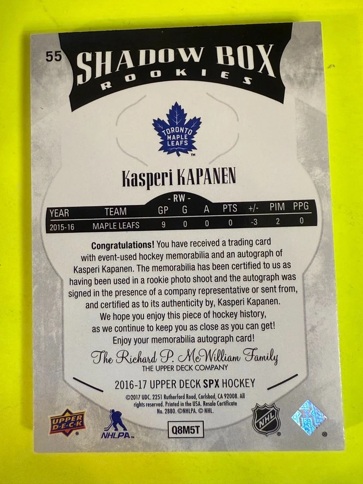 DA106430 2016-17 SPx Gold #55 Kasperi Kapanen PATCH AUTO 21/99 - Image 2 of 2