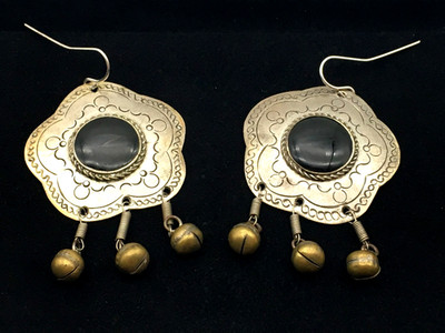 Vintage Native American Nickel Silver Hand Chased Hook Earrings Dangling Bells