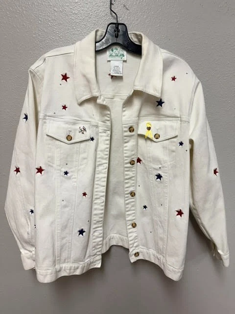 Quacker Factory Shacket Womens Large White Cotton Stretch Stars Embroidered - Image 2 of 4