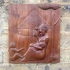 Vintage African Wooden Hand Carved Family Scene Plaque - signed Kamale