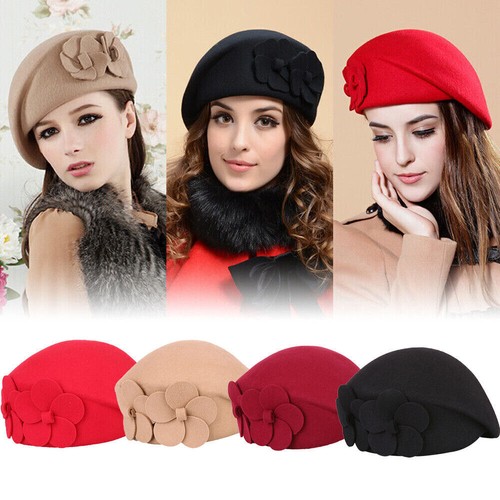 Damen Winter Warme Wollmütze Filz Hut Floral Baskenmütze Beanie Kopfbedeckung * - Bild 3 von 28