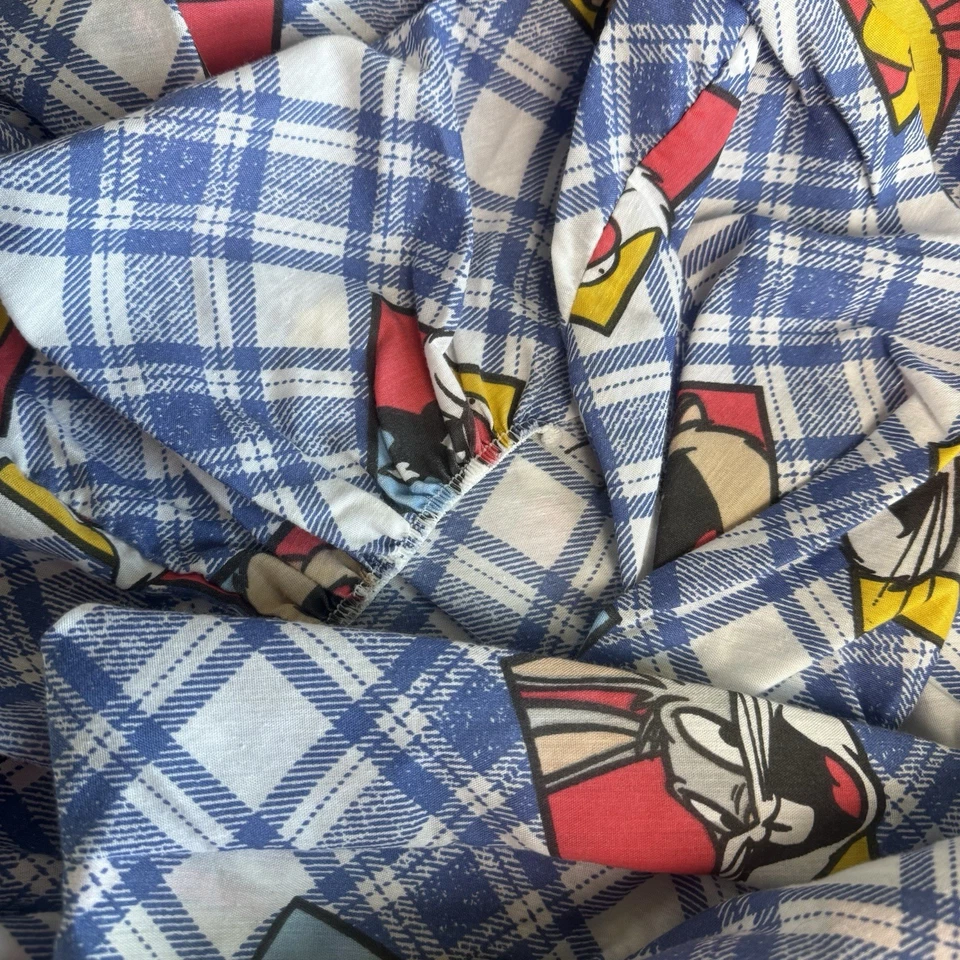 Vintage 1995 Looney Tunes Twin Sheets Set - Flat & Fitted Plaid Bugs Taz Tweety - Image 2 of 4