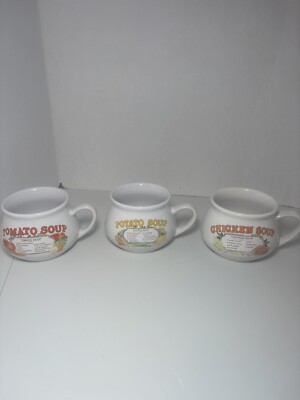 Soup Recipe Mugs Bowls Set of 3 Vintage 1970's Dat'l Do-It Chicken Tomato Potato