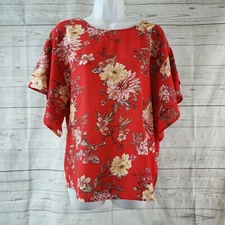Bobeau Womens Blouse Sz XS Red Pink Floral Keyhole Layered Sleeves