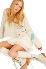 $168 Free People Kota Distressed Hoodie Top X Small Heather Gray Patched Rippped