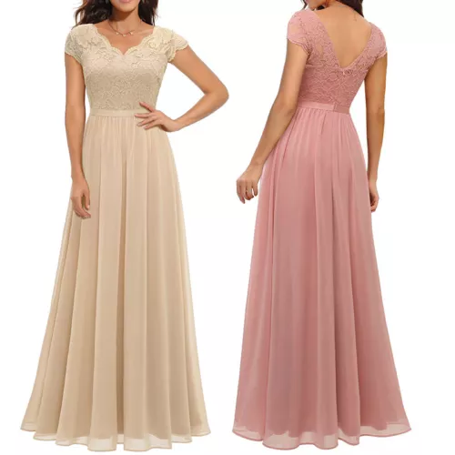 Schickes Damen Spitze Maxi Chiffon Brautjungfer formell Abschlussball Abend Hochzeit Party Kleid - Bild 8 von 34