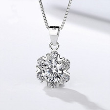 Flower Snowflake Pave Cubic Zirconia 925 Silver Pendant Necklace 18" Chain C7