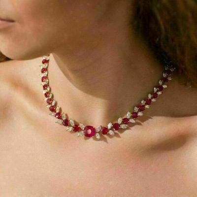 15CT Cushion Cut Lab-Created Ruby & Diamond Party Necklace 14K White Gold Over