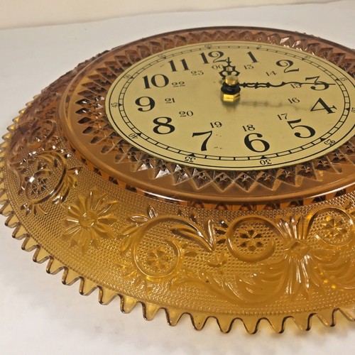 Vtg AMBER Pressed Glass Wall PRIMEX Clock Plate Diamond Cut Flowers 12