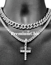 3pc SET Miami Cuban Choker Necklace Cross Pendant Tennis Chain Plated CZ Jewelry