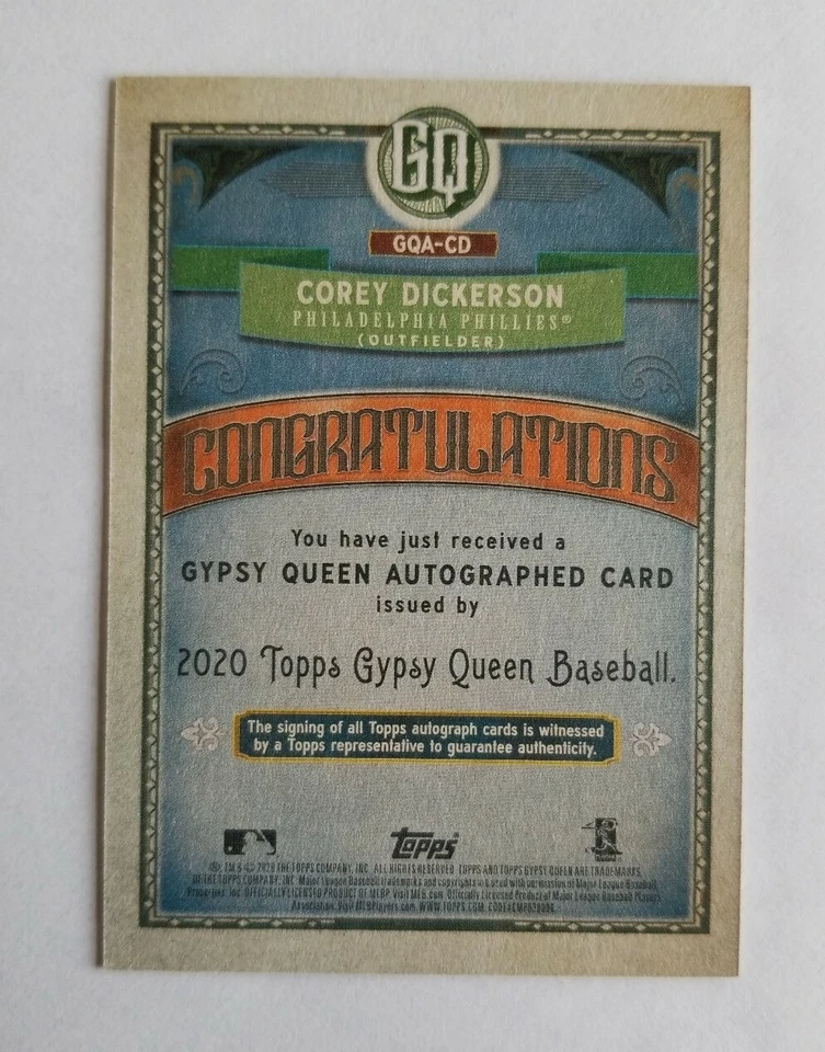 COREY DICKERSON ON CARD AUTO 2020 TOPPS GYPSY QUEEN CARD NO. GQA-CD PHILLIES - Image 2 of 2