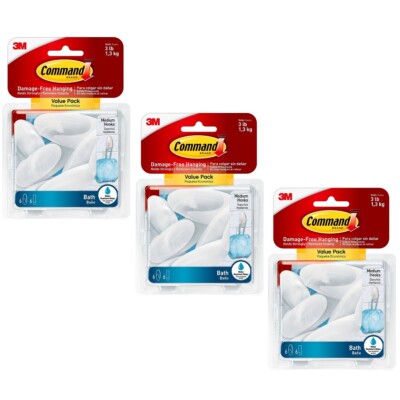 3 Packs 3M Command 6 Medium Bath Hooks & 6 Adhesive Strips Per Pack Max 3 lb 