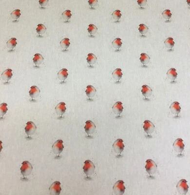 Chatham Glyn Xmas Red Robins,Linen Look Fabric for Curtain/ Upholstery/Cushions