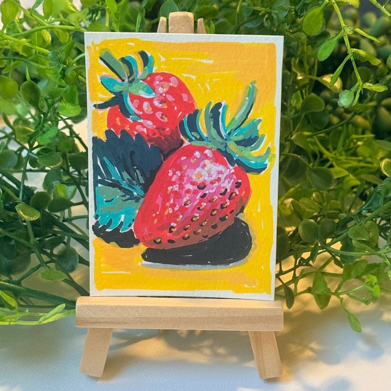 ACEO Original Art Acrylic Strawberry Fruit Food by Jill/ Tulip and Topaz